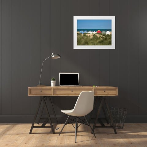 Boat in front of a fishing hut White Modern Wood Framed Art Print by Frank, Assaf