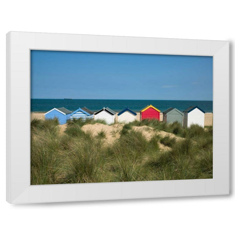 Boat in front of a fishing hut White Modern Wood Framed Art Print by Frank, Assaf