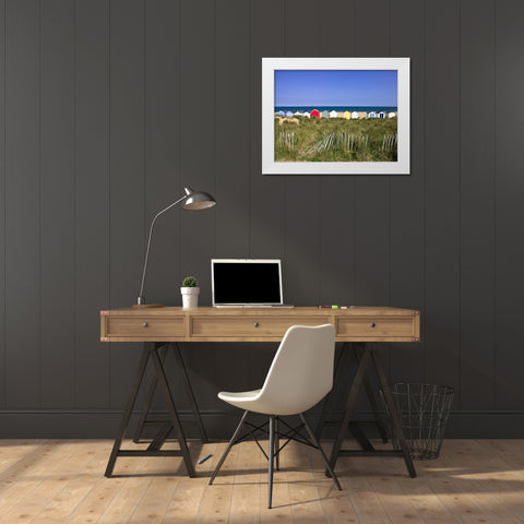 Beach huts in a row White Modern Wood Framed Art Print by Frank, Assaf