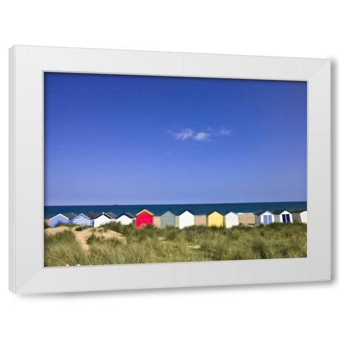 Wodden Fence at beach with huts in the Background White Modern Wood Framed Art Print by Frank, Assaf