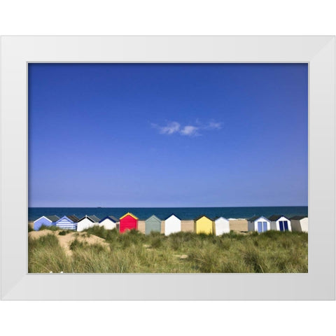 Wodden Fence at beach with huts in the Background White Modern Wood Framed Art Print by Frank, Assaf