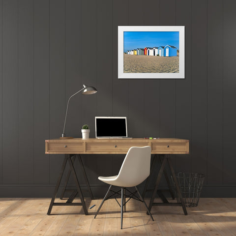 Beach huts in a row at sunrise White Modern Wood Framed Art Print by Frank, Assaf