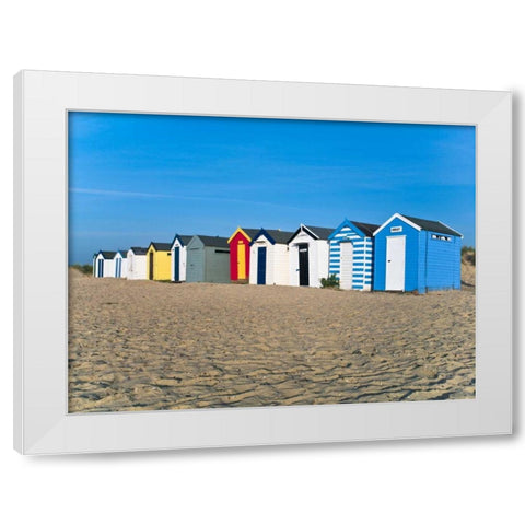 Beach huts in a row at sunrise White Modern Wood Framed Art Print by Frank, Assaf