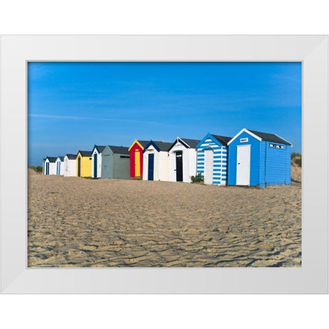 Beach huts in a row at sunrise White Modern Wood Framed Art Print by Frank, Assaf