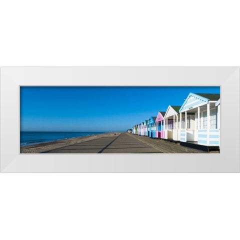 Beach huts in a row against blue skies White Modern Wood Framed Art Print by Frank, Assaf