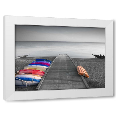 Kayaks on the side of pier White Modern Wood Framed Art Print by Frank, Assaf