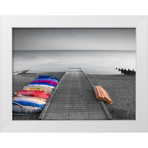 Kayaks on the side of pier White Modern Wood Framed Art Print by Frank, Assaf