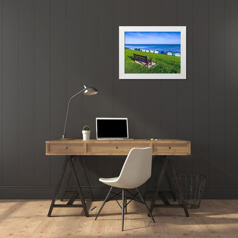 Bench on lawn with beach huts in background White Modern Wood Framed Art Print by Frank, Assaf