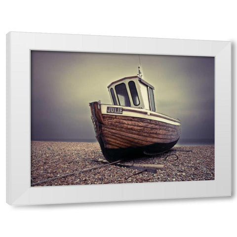 Boat moored on pebbled Beach White Modern Wood Framed Art Print by Frank, Assaf