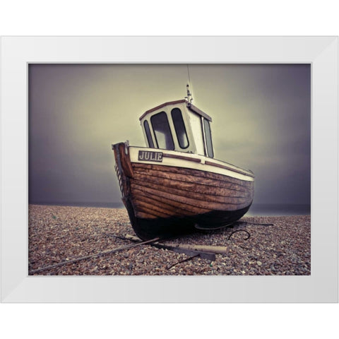 Boat moored on pebbled Beach White Modern Wood Framed Art Print by Frank, Assaf