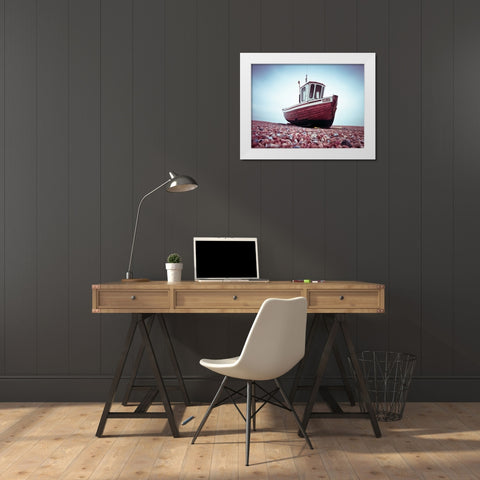 Boat moored on pebbled Beach White Modern Wood Framed Art Print by Frank, Assaf