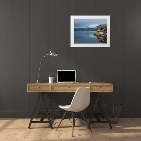 Fishing huts on the waterfront, Lofoten, Norway White Modern Wood Framed Art Print by Frank, Assaf