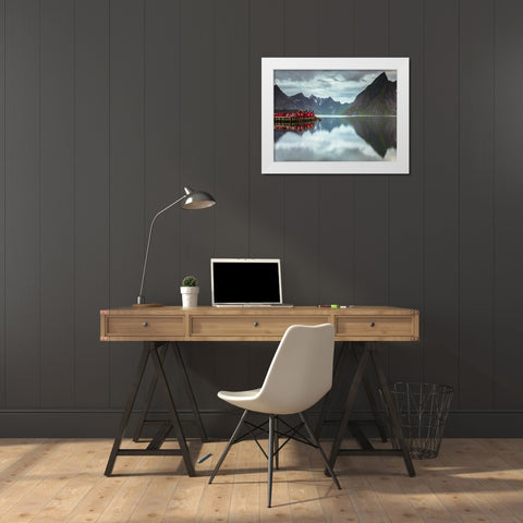 Fishing huts on the waterfront, Lofoten, Norway White Modern Wood Framed Art Print by Frank, Assaf