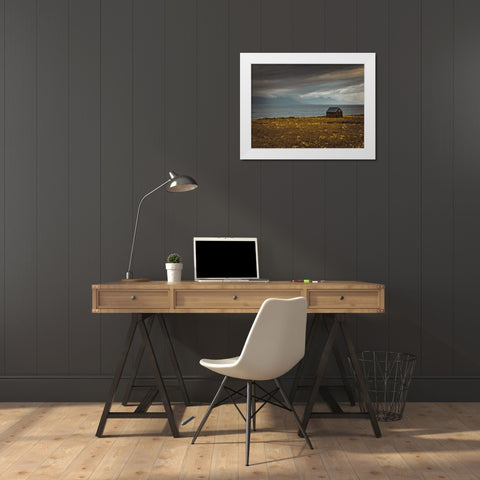 Beach hut on Lofoten coastline, Norway White Modern Wood Framed Art Print by Frank, Assaf