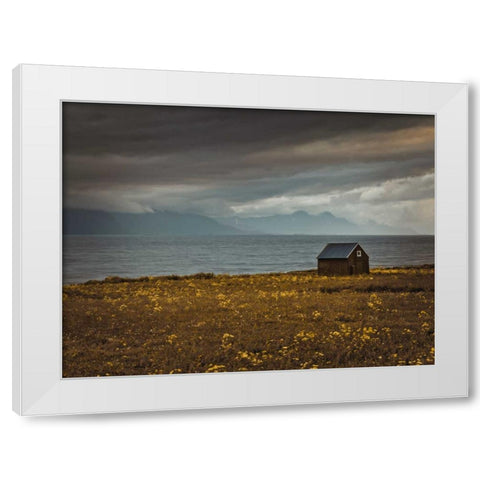 Beach hut on Lofoten coastline, Norway White Modern Wood Framed Art Print by Frank, Assaf