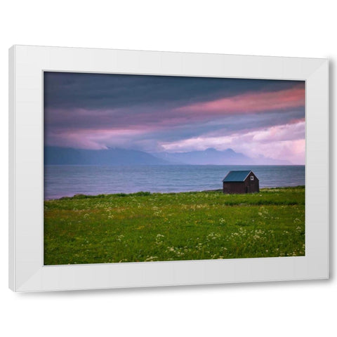 Beach hut on Lofoten coastline, Norway White Modern Wood Framed Art Print by Frank, Assaf