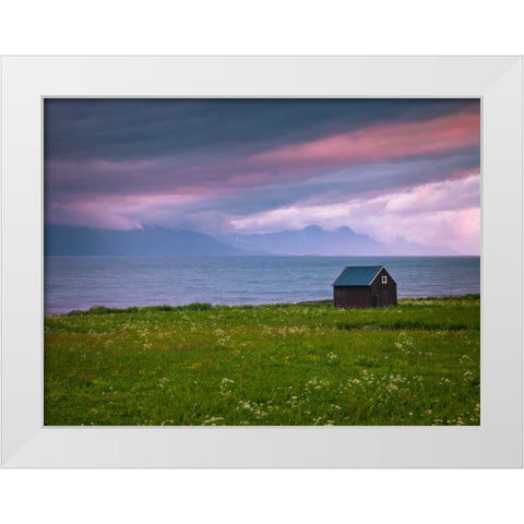 Beach hut on Lofoten coastline, Norway White Modern Wood Framed Art Print by Frank, Assaf