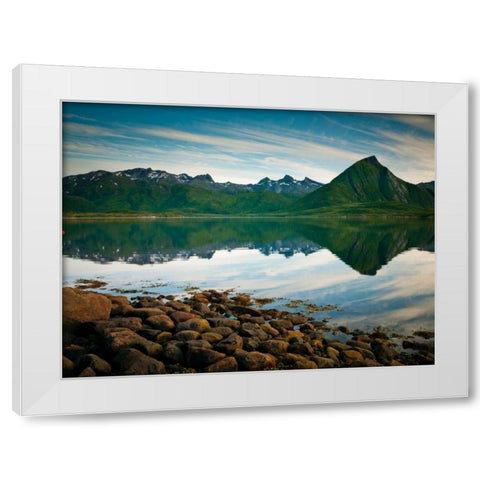 Mountain range by the sea, Lofoten, Norway White Modern Wood Framed Art Print by Frank, Assaf