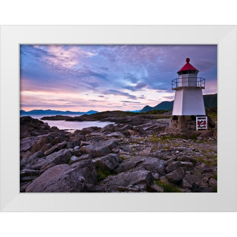 Light house on coast, Lofoten, Norway White Modern Wood Framed Art Print by Frank, Assaf