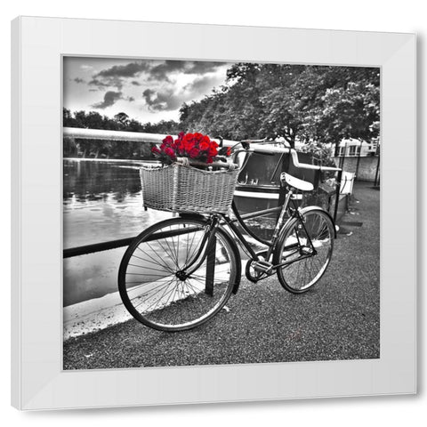 Bicycles with flowers White Modern Wood Framed Art Print by Frank, Assaf
