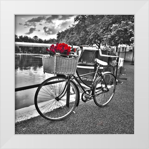 Bicycles with flowers White Modern Wood Framed Art Print by Frank, Assaf