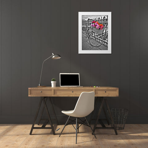 Bicycles with flowers White Modern Wood Framed Art Print by Frank, Assaf