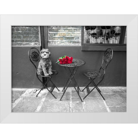 Dog Sitting on a chair with a banch of roses on a table White Modern Wood Framed Art Print by Frank, Assaf