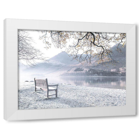 Bench by still lake White Modern Wood Framed Art Print by Frank, Assaf