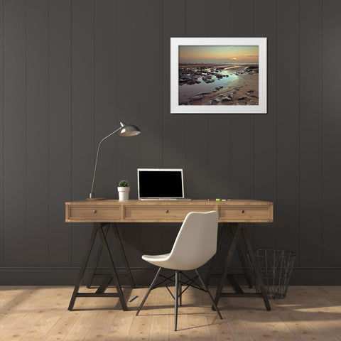 Rock pools on the beach at dusk White Modern Wood Framed Art Print by Frank, Assaf