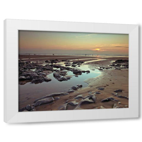 Rock pools on the beach at dusk White Modern Wood Framed Art Print by Frank, Assaf