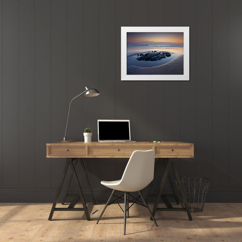 Rocks on the beach at dusk White Modern Wood Framed Art Print by Frank, Assaf