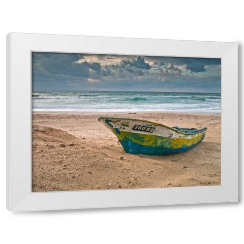 Fishing Boat on the shore, Palmachim Beach, Israel White Modern Wood Framed Art Print by Frank, Assaf