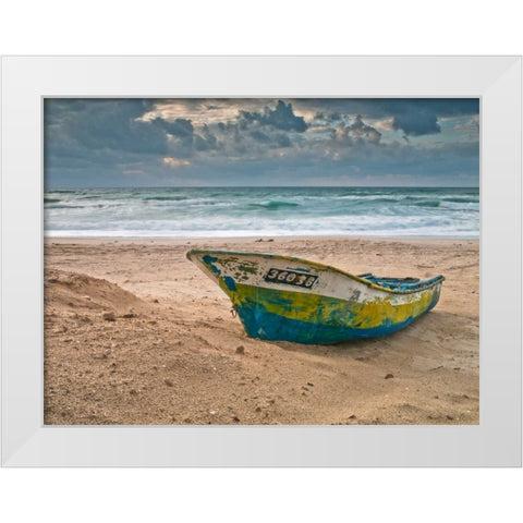 Fishing Boat on the shore, Palmachim Beach, Israel White Modern Wood Framed Art Print by Frank, Assaf