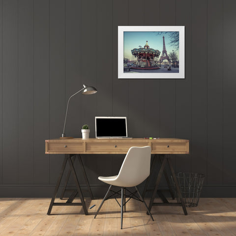 Carousel with the Eiffel tower in the background White Modern Wood Framed Art Print by Frank, Assaf