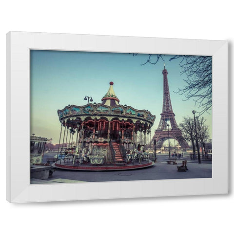 Carousel with the Eiffel tower in the background White Modern Wood Framed Art Print by Frank, Assaf