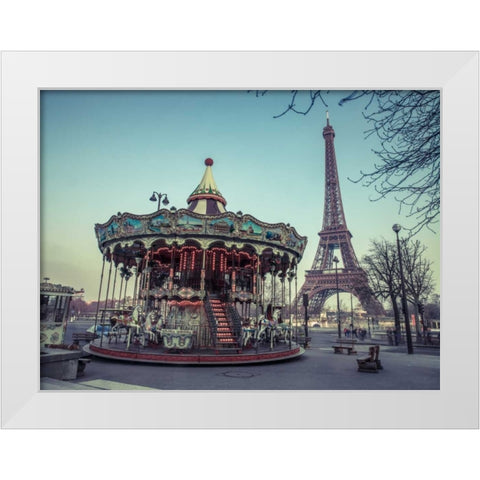 Carousel with the Eiffel tower in the background White Modern Wood Framed Art Print by Frank, Assaf