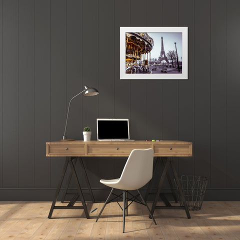 Carousel with the Eiffel tower in the background White Modern Wood Framed Art Print by Frank, Assaf