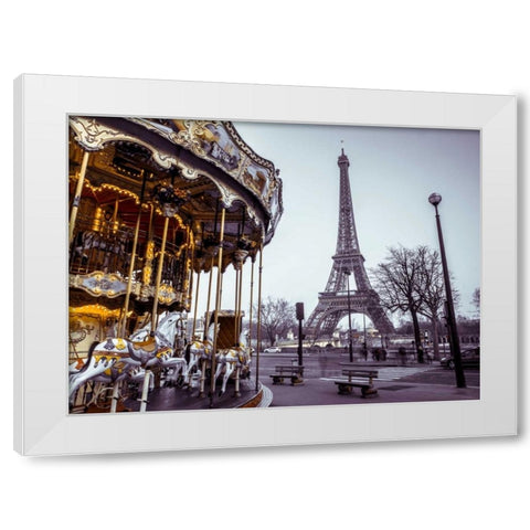 Carousel with the Eiffel tower in the background White Modern Wood Framed Art Print by Frank, Assaf
