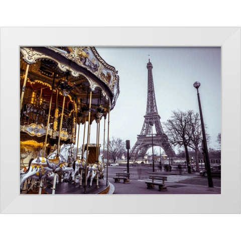 Carousel with the Eiffel tower in the background White Modern Wood Framed Art Print by Frank, Assaf