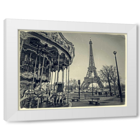 Carousel with the Eiffel tower in the background White Modern Wood Framed Art Print by Frank, Assaf