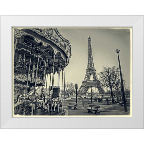 Carousel with the Eiffel tower in the background White Modern Wood Framed Art Print by Frank, Assaf