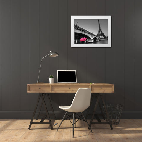 Bridge over river Siene with Eifflel tower in background, Paris, France White Modern Wood Framed Art Print by Frank, Assaf