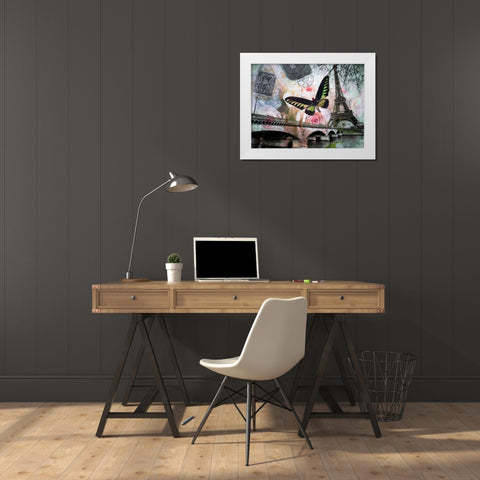 Eiffel tower with butterfly and roses overlay White Modern Wood Framed Art Print by Frank, Assaf