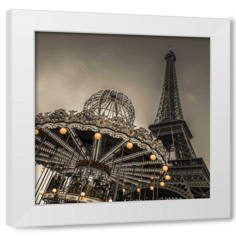Carousel with the Eiffel tower in the background White Modern Wood Framed Art Print by Frank, Assaf