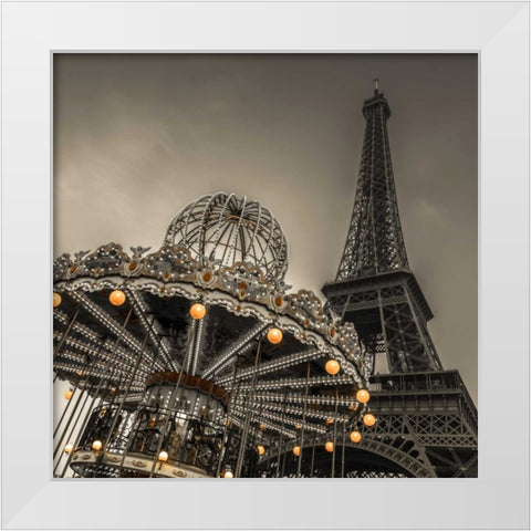 Carousel with the Eiffel tower in the background White Modern Wood Framed Art Print by Frank, Assaf