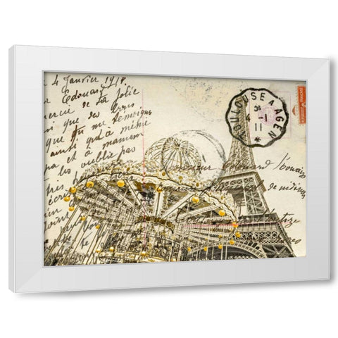 Carousel with the Eiffel tower in the background White Modern Wood Framed Art Print by Frank, Assaf