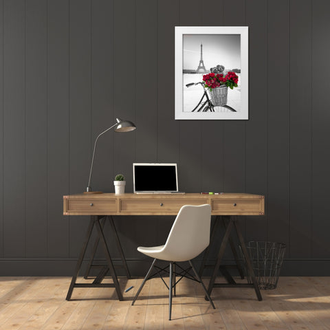 Teddy Bears and bunch of red roses on bicycle with Eiffel tower in the background White Modern Wood Framed Art Print by Frank, Assaf