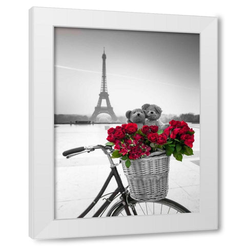 Teddy Bears and bunch of red roses on bicycle with Eiffel tower in the background White Modern Wood Framed Art Print by Frank, Assaf