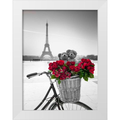 Teddy Bears and bunch of red roses on bicycle with Eiffel tower in the background White Modern Wood Framed Art Print by Frank, Assaf
