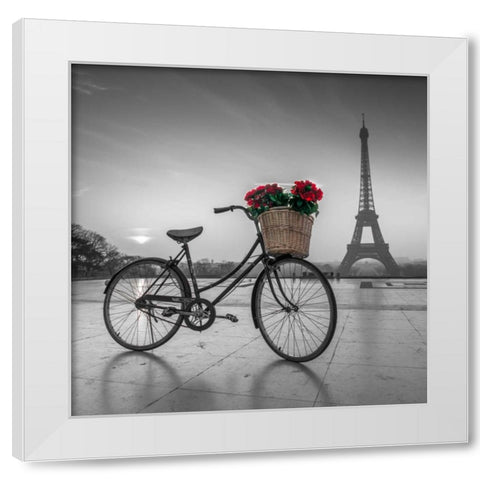 A bicycle with a basket of flowers with the Eiffel tower in the background White Modern Wood Framed Art Print by Frank, Assaf